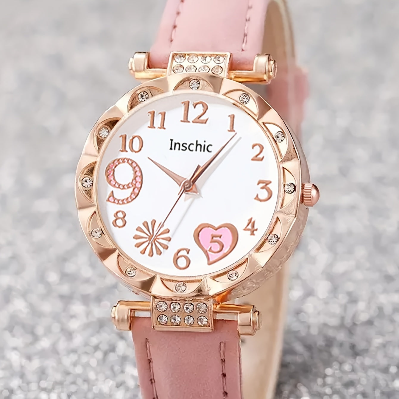 6pcs Elegant Faux Leather & Rose Golden Accessory Set - Heart-Shaped Watch, Bracelet, Necklace, Earrings with Pink Rhinestones - Perfect Mother'S Day Gift for Moms, Everyday Style, Everyday Accessory Set|Fashionable Gift Set|